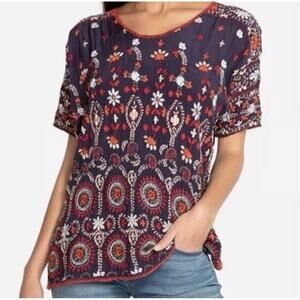 JOHNNY WAS Melia Red White Navy Floral Embroidered Tunic Top Blouse
